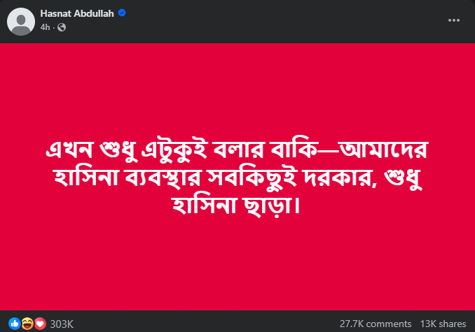 হাসনাত আব্দুল্লাহর ফেসবুক পোস্ট।