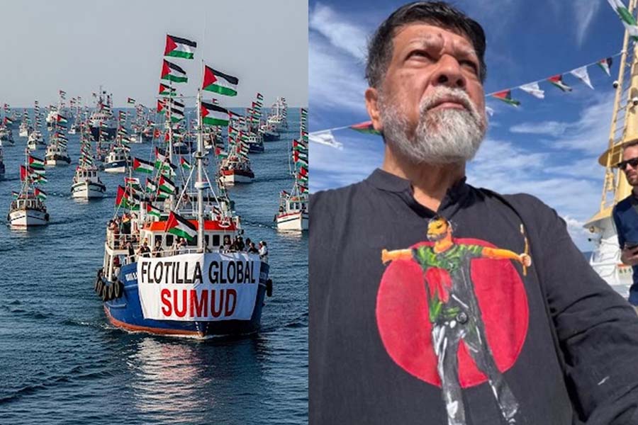 লাল-সবুজ পতাকা হাতে গ্লোবাল ফ্লোটিলায় শহিদুল আলম
