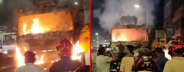 রাজধানীর হানিফ ফ্লাইওভারে চলন্ত ট্রাকে আগুন
